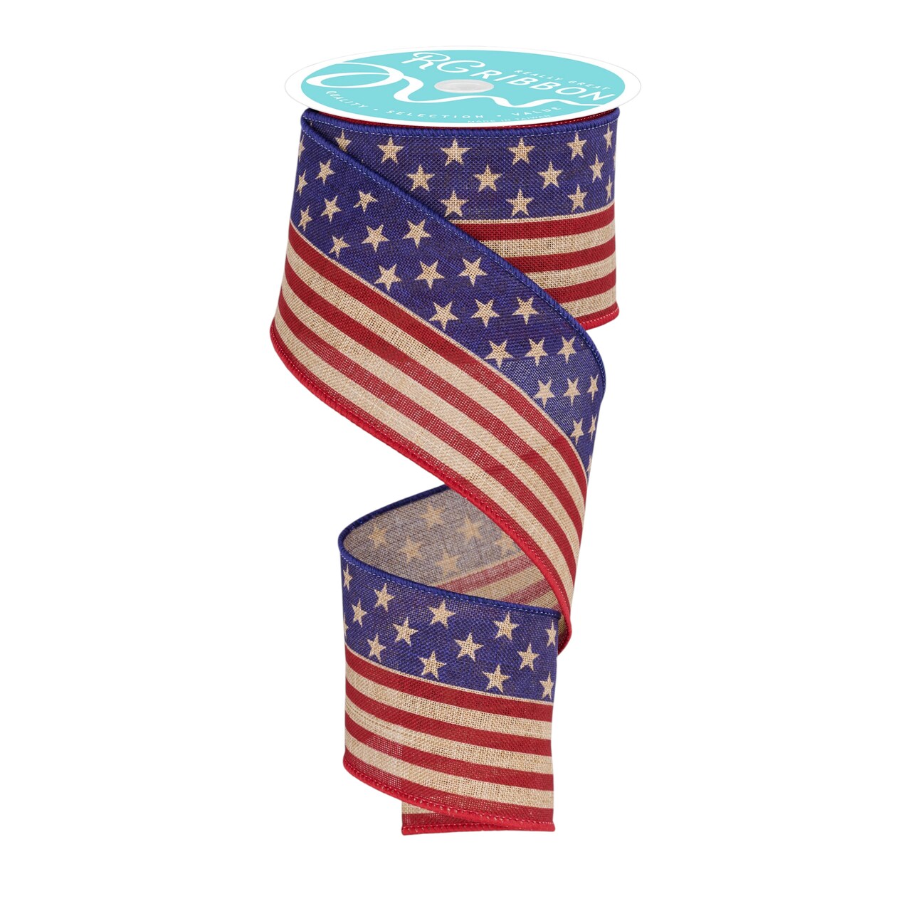 RG Ribbon: 2.5" Stars and Stripes Wired Burlap Ribbon, Light Beige, Burgundy Red, Navy Blue - For Bows, Wreaths, Crafts, and Decorations